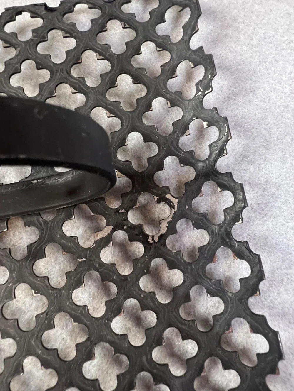 MCM Black Metal Wall Shelf Clover Leaf Lattice Pattern Scalloped Edges Set of 2
